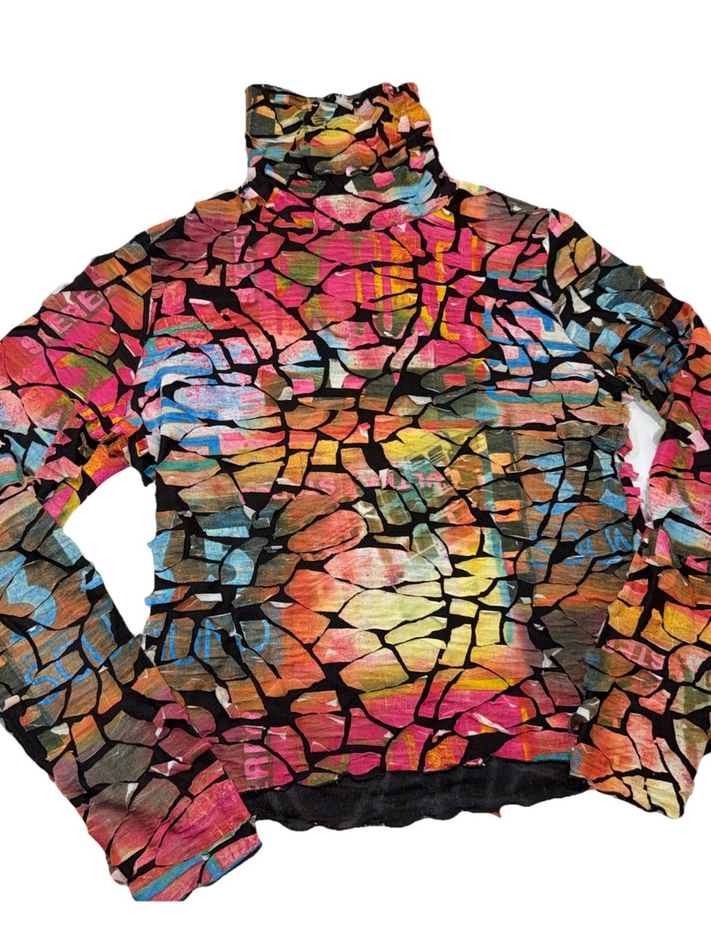 SNO SKINS Fractured Colorful Shirt Turtle Neck Art To Wear Long Sleeves Womens M